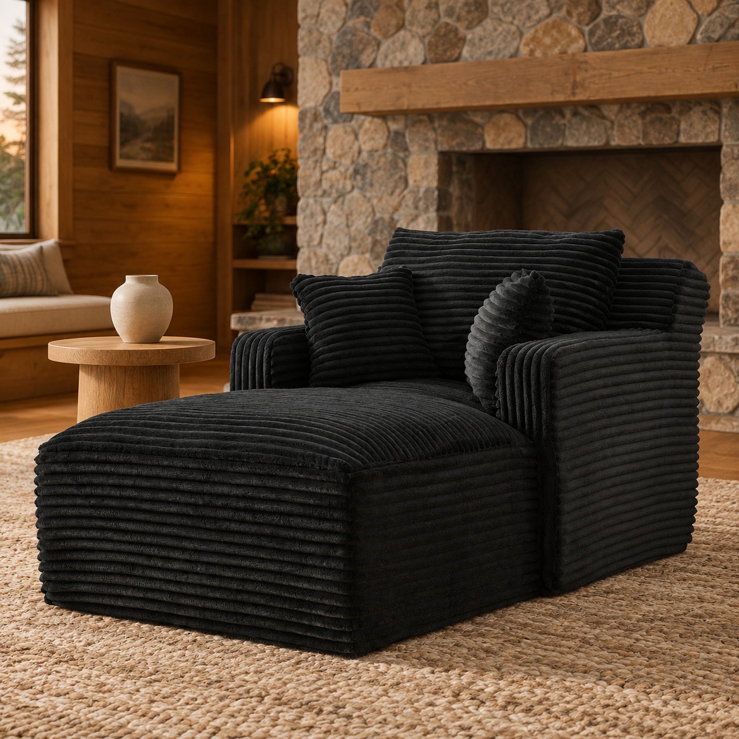 WUVRIE Chaise longue 166x100x69 cm - 1-zits ribstof met pocketveren - Zwart