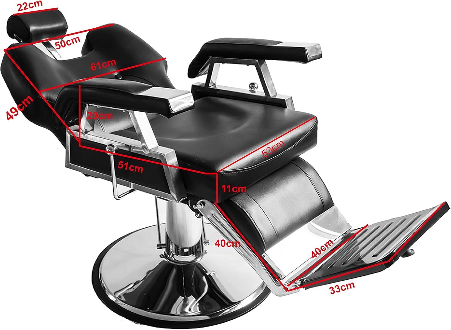 Professionele Hydraulische Kappersstoel met Kantelbare Rugleuning, 360° Draaibaar, Verstelbare Hoogte, Zwarte PU-Lederen Bekleding en Chromen Voetsteun, 110 x 70 x 100-113 cm