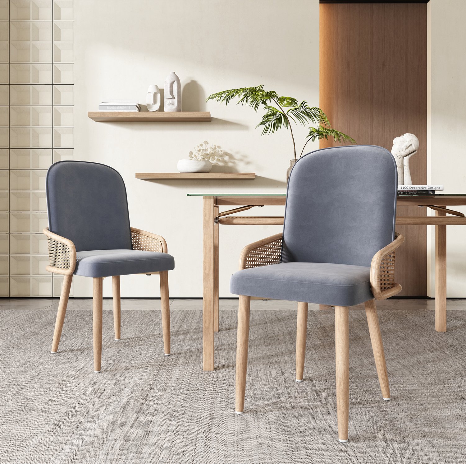 Maisentiel Eetkamerstoel 90 cm - set van 2 met armleuningen, velvet en PE-rotan, grijs