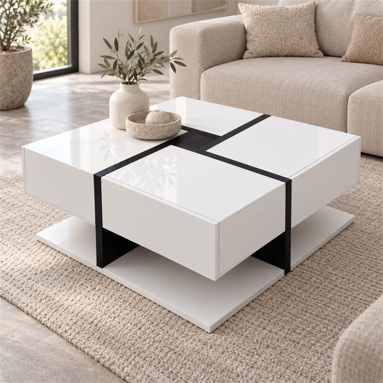 LONG DRAGON – Salontafel – 4 lades, onderste legplank en hoogglansafwerking – Wit – 78 × 78 × 36 cm