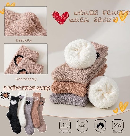5 Pack Fluffy Huissokken - Warme Fleece Sokken - Huissokken Dames - Gevoerde Sokken - Slaapsokken - Dikke - cadeau voor verjaardagen, Kerstmis, Valentijnsdag, Moederdag en Nieuwjaar — cadeau in Mode & Accessoires - foto 4