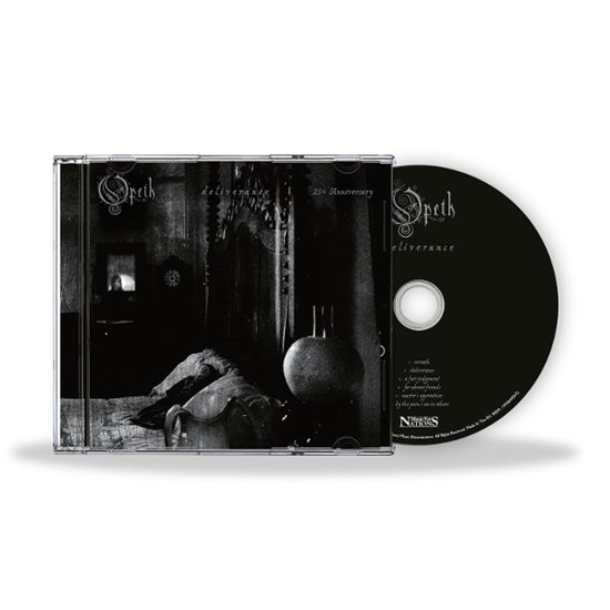 Opeth Deliverance 25th Anniversary CD in zwart-wit met duistere slaapkamerillustratie en tracklist.