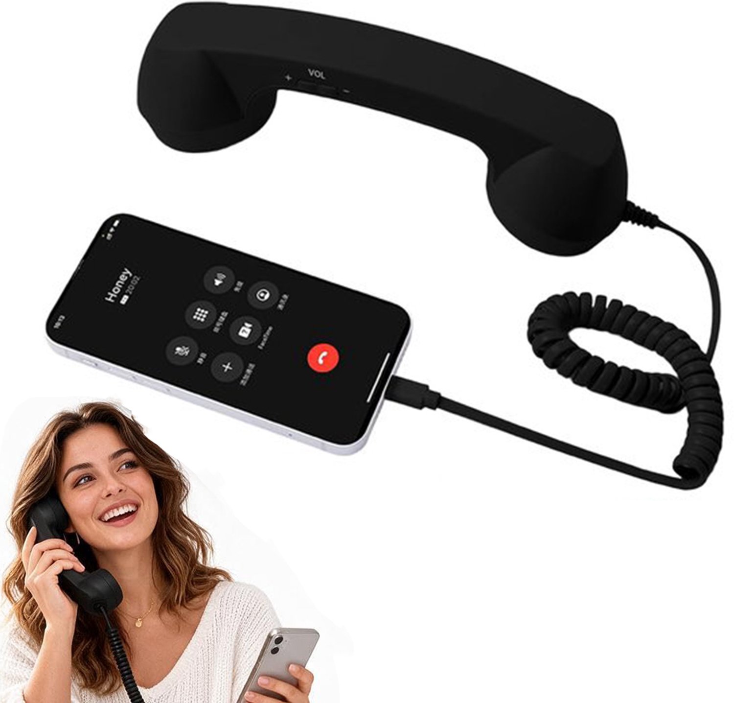 Retro Telefoon - Type-C telefoonhoorn - met vaste aansluiting - Retro telefoonhoorn - Mobiele Telefoonontvanger - Aansluitend op Mobiel - Spiraalsnoer - Woondecoratie - Koptelefoon - geschikt voor iPhone en Android - zwart