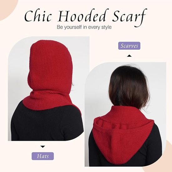 Achterzijde van de rode gebreide sjaal met capuchon in twee stijlen. Tekst: Chic Hooded Scarf, Scarves, Hats.