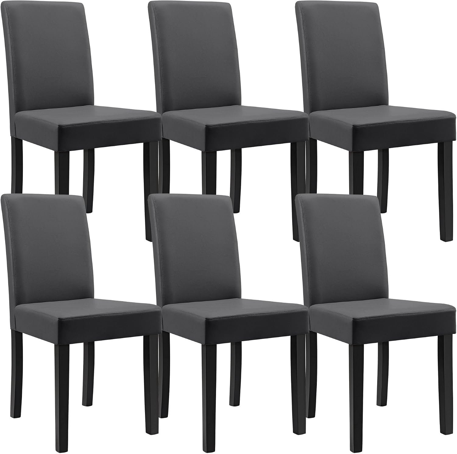 Set van 6 Eetkamerstoelen Hamburg – Donkergrijs Kunstleer met Zwarte Details, Comfortabele Gestoffeerde Keukenstoelen met Stevige Houten Poten, Ergonomische Rugleuning, Onderhoudsvriendelijk Design, 54 x 43 x 89 cm