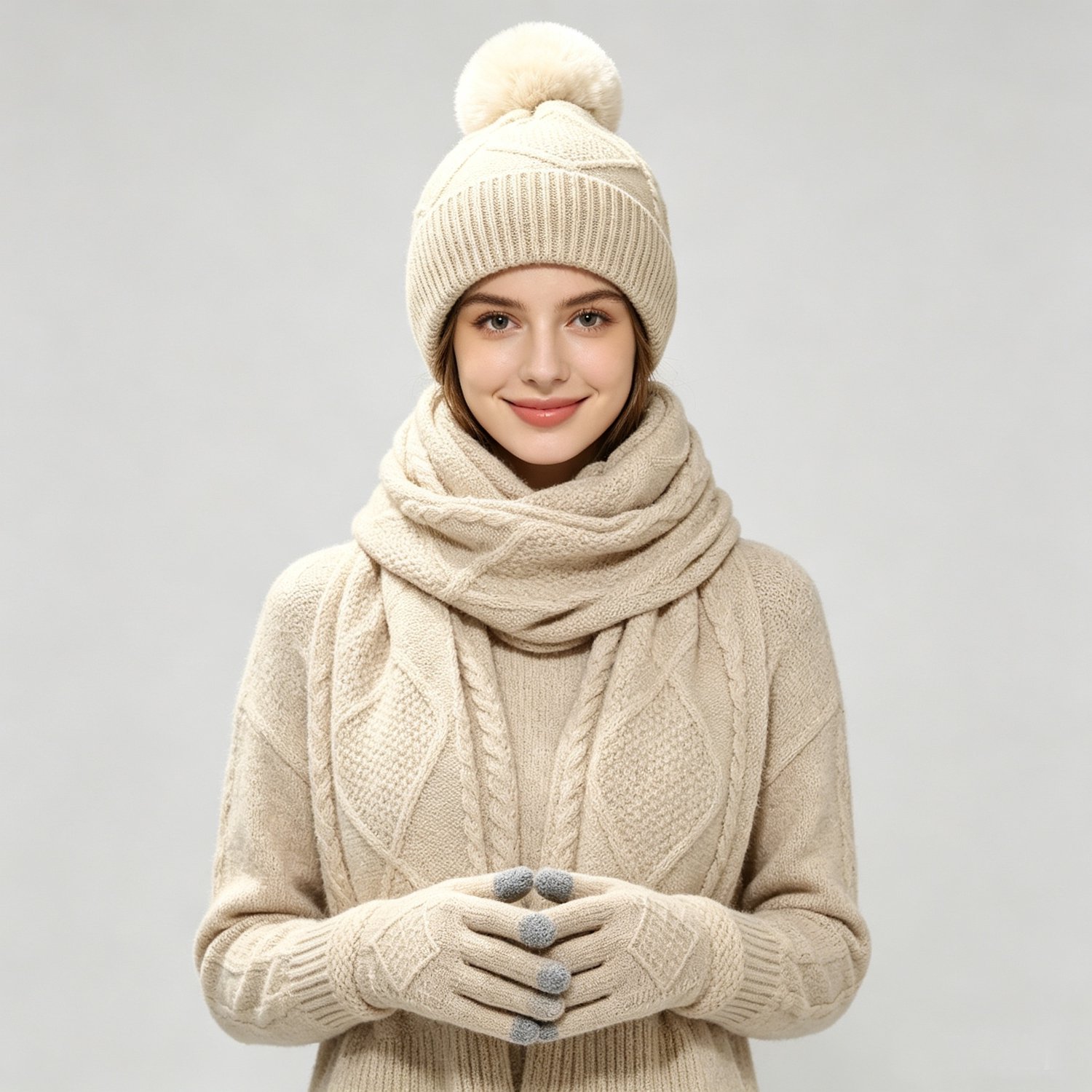 Dames winterset 3-delig: muts, sjaal en handschoenen - Dubbelzijdig dik gebreid - Warm winteraccessoire - Geschikt voor buiten en koude dagen