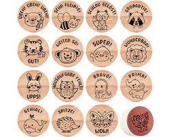 15-delige Houten Stempelset met Dierenmotieven voor Leraren - Beloningsstempels voor Feedback en Versieringen voor Educators en Onderwijsdagen
