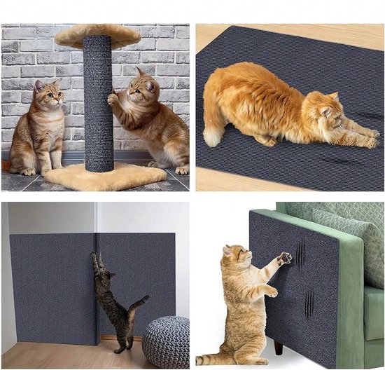Vier collages van katten die donkergrijze krabmatten gebruiken op meubels en muren.