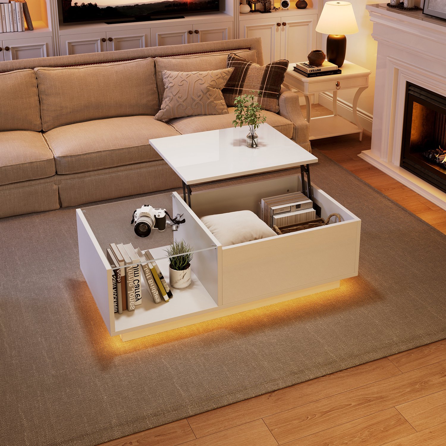 Maisentiel LED-salontafel 100 x 50 cm - verstelbaar met opbergruimte, hoogglans spaanplaat, wit