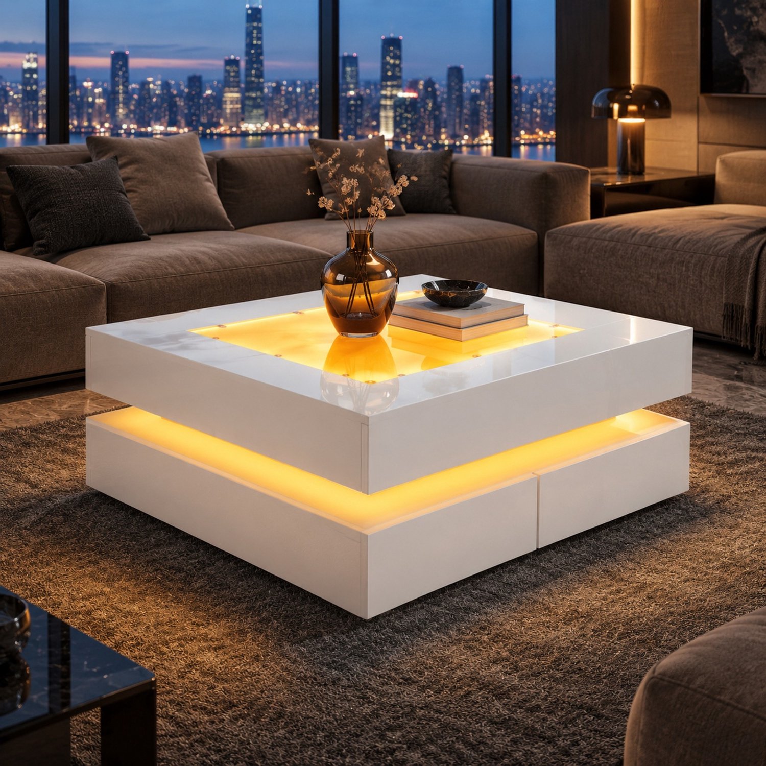 Maisentiel Salontafel 70 x 70 x 35 cm met LED-verlichting, glazen blad, 3 lades, wit