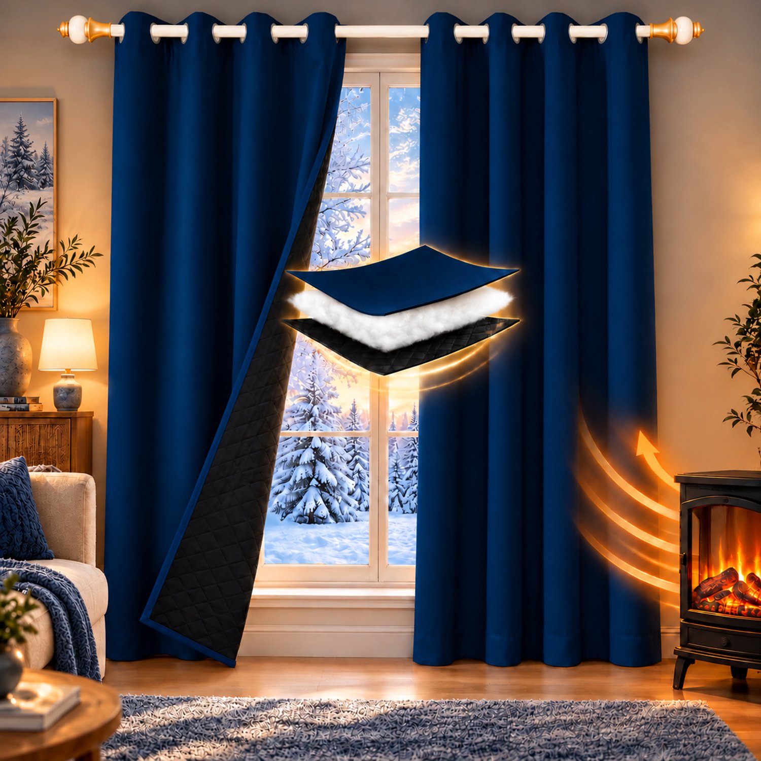 Qelus Gewatteerd Polyester Gordijn met Ringen - Donkerblauw - 132 x 160 cm - 3-laags Thermisch, Geluidsdempend en Lichtwerend - Zwarte Voering - Voor de Slaapkamer, Woonkamer en Binnendeuren - 1 Stuk Donkerblauw - 1 Stuk