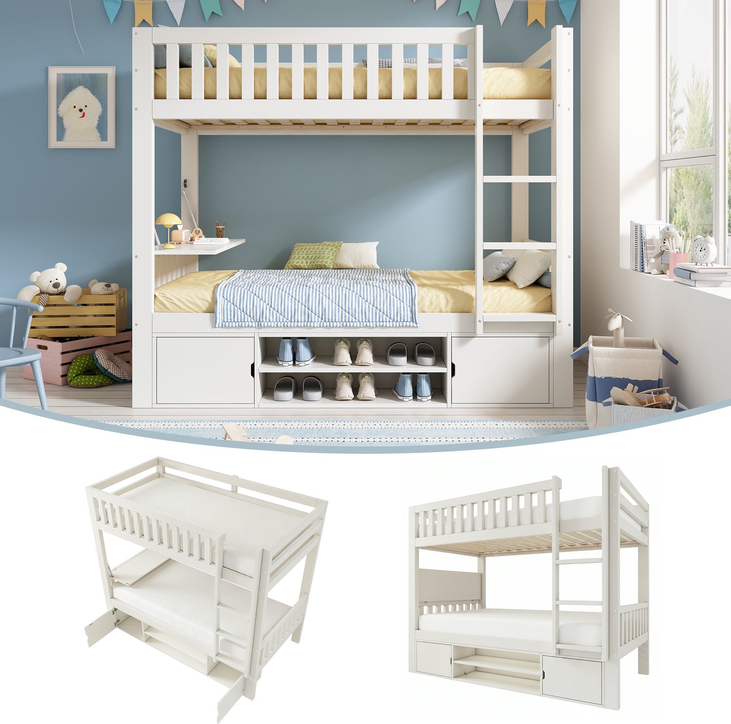Wit Kinderstapelbed 90x200 cm - Met Klapbureau En Geïntegreerd Schoenenrek - Opbergkasten En Lattenbodem - Grenenhout, MDF En Multiplex