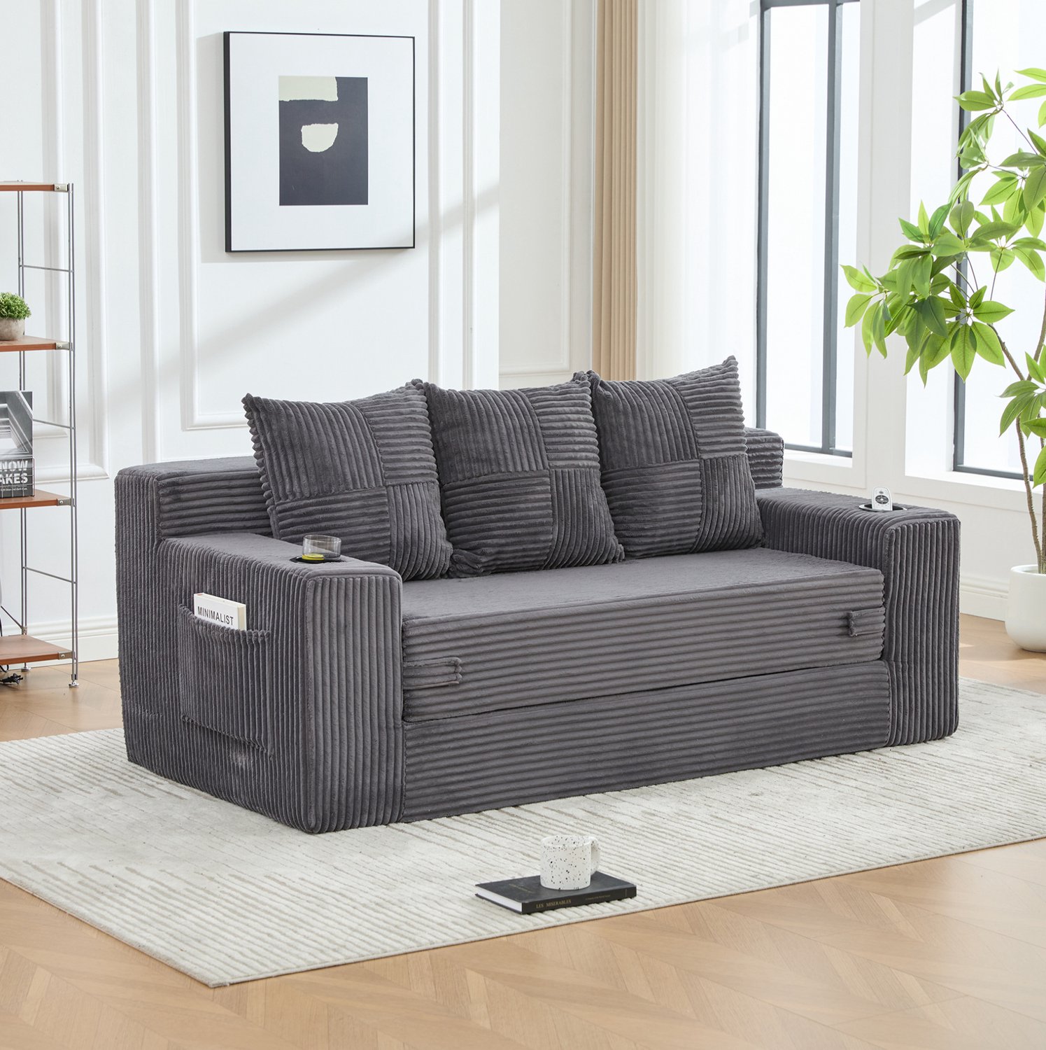 Wishdor 3-zits slaapbank - Modulair uitklapbaar ontwerp - Met bekerhouders en zijvakken - Gestikte rugleuning - Voor woonkamer studio studentenkamer - Ribfluweel - Grijs - 172 x 87 x 64 cm