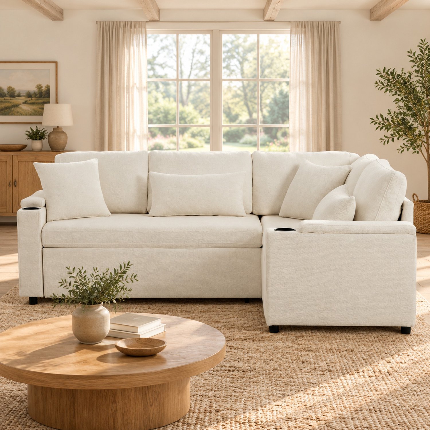 WUVRIE Hoekbank met slaapfunctie 206,5x141 cm - Opbergruimte, USB en bekerhouder - Beige