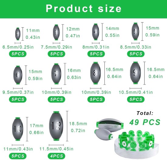 Set van 49 druppelvormige vissersgewichten, afneembare loodgewichten voor vissen, loodvrije visgewichten 2g tot 10g, ideaal voor outdoor visuitrusting — afbeelding 5