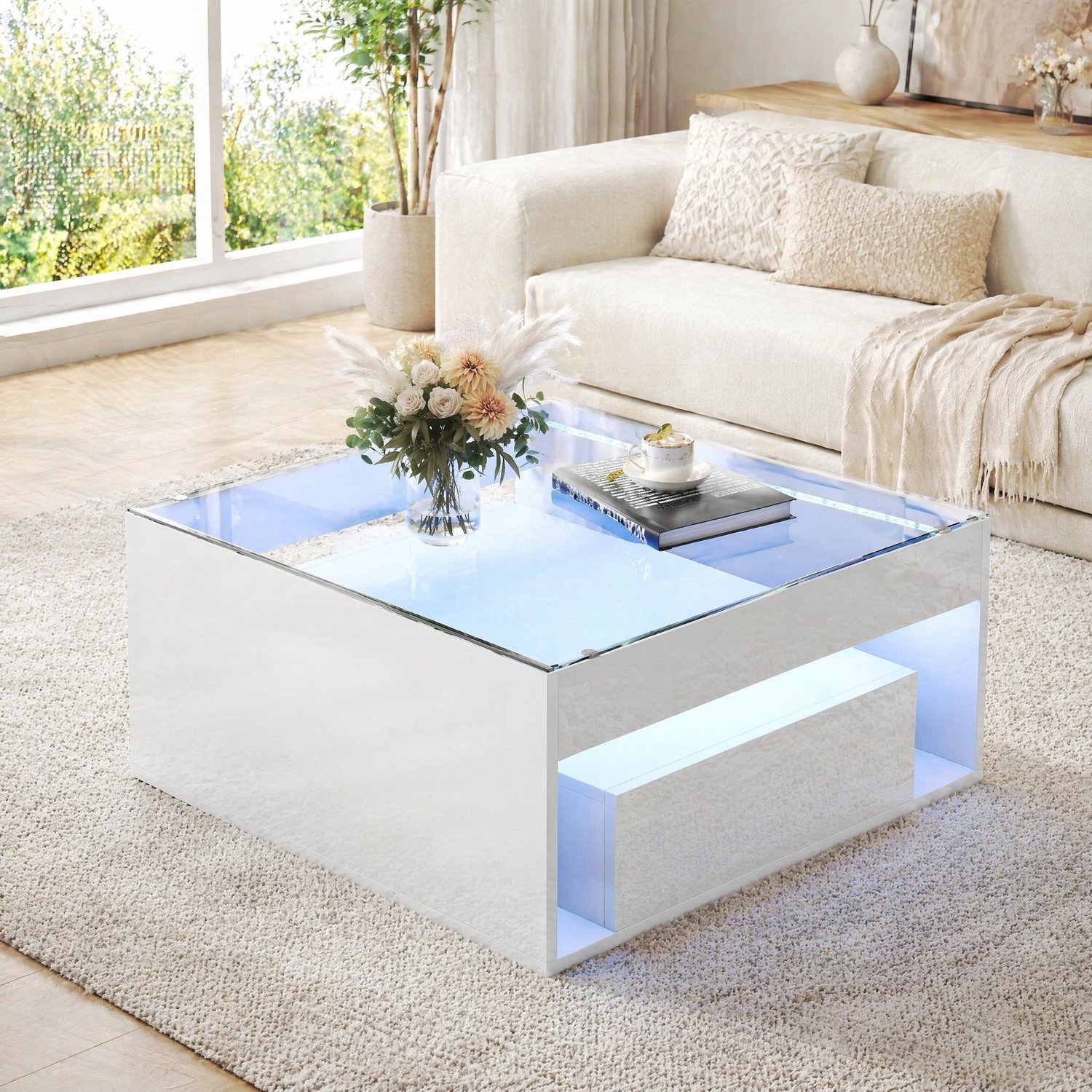 Maisentiel Salontafel 70 x 70 x 35 cm met LED, 2 laden en glazen blad - wit MDF