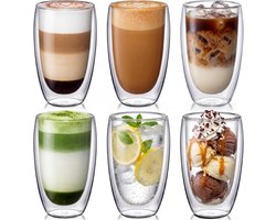 Set van 6 - Dubbelwandige glazen bekers - 450 ml - Koffiebekers - Theebekers - Cappuccinobekers - Latte macchiato-bekers - Glas - Transparant