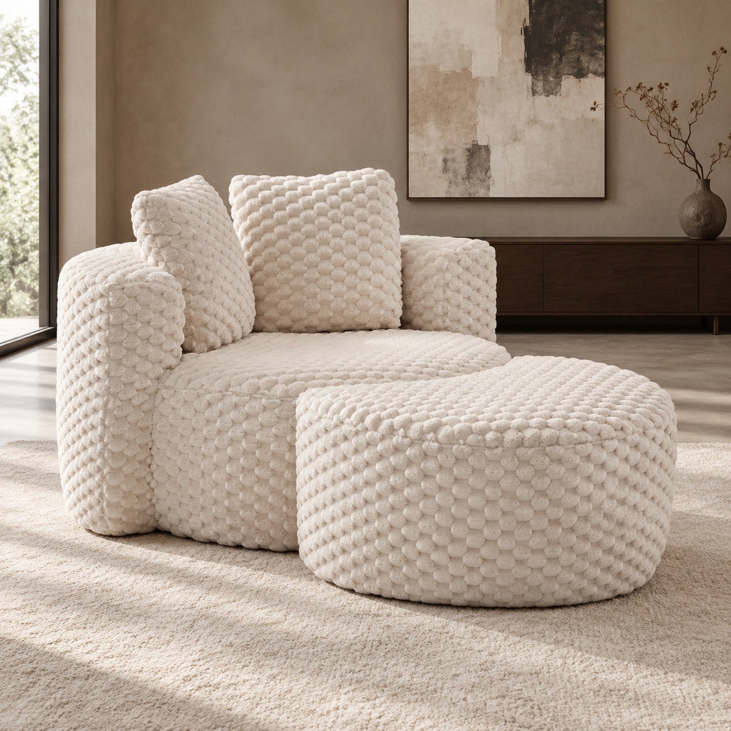 WUVRIE Fauteuil met hocker 129x116x65 cm - Pluche kunstbontstof en armleuningen - Beige