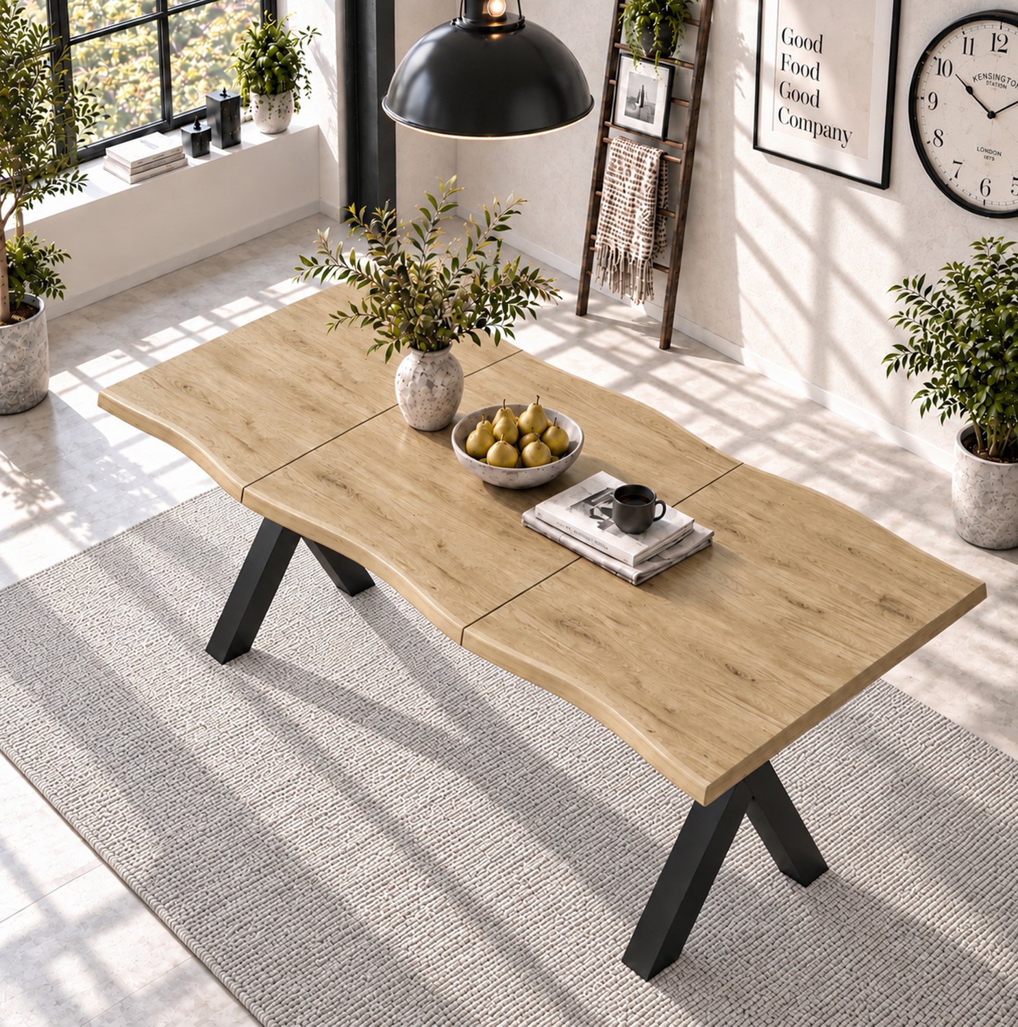 STILVORA Eettafel - Golvende Rand En X-Poten - Voor 4 Tot 6 Personen In Eetkamer - MDF En Metaal - 160 x 78 x 75 Cm - Houtkleur