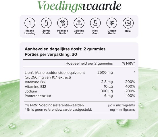 Voedingswaardetabel voor Novomins Lion's Mane gummies: 2500 mg per dosering van 2 stuks met B6, B12 en jodium.