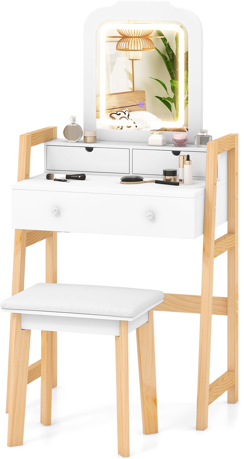 Costway Make-uptafel met ledspiegel en kruk, kaptafel met verlichting en 3 laden, in hoogte verstelbaar, make-uptafel van hout, 64 x 41 x 137 cm, wit Wit + Naturel