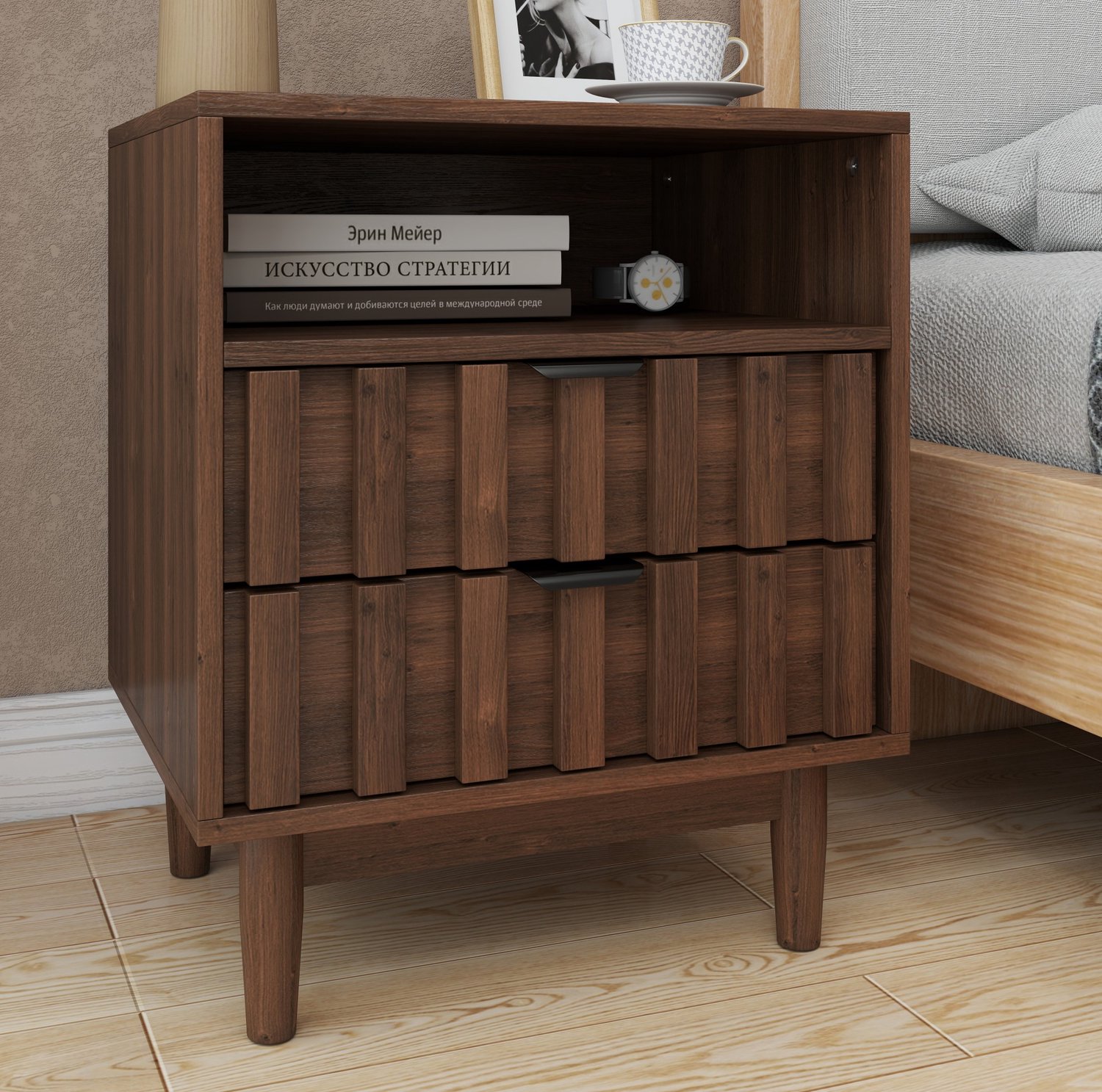 COVREO Nachtkastje met 2 lades – Bijzetkast met open vak en geribbelde fronten – Opberger voor slaapkamer – 48x40x60 cm – Walnootbruin