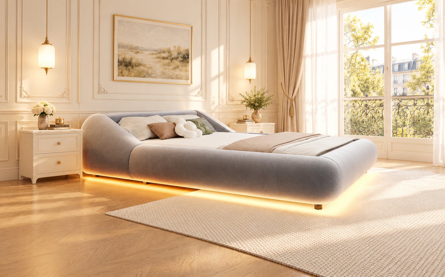 MODENUIT Gestoffeerd Bed – 140 x 200 cm – Zwevend – Fluweel – Grijs – Ledverlichting Met Gebogen Hoofdbord