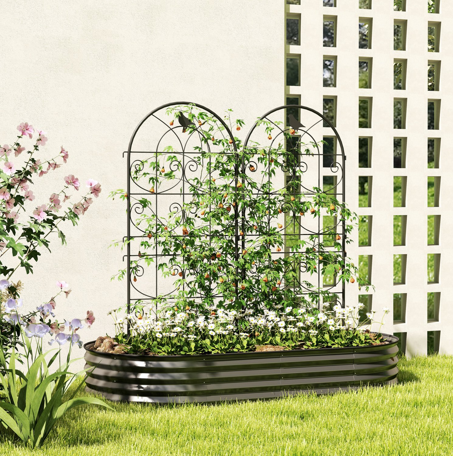 MIVRAY Plantenklimrek – Tweedelige Set 50 x 120 cm – Gepoedercoat Metaal – Zwart – Voor Klimplanten en Tuinafscheiding – Vogelmotief