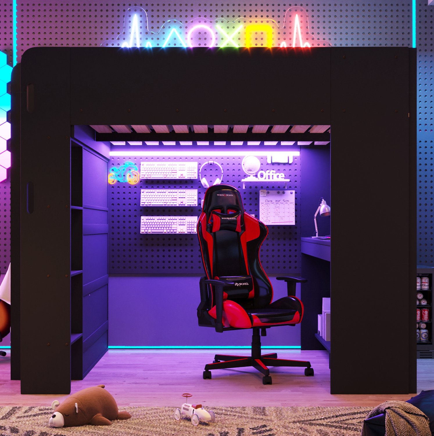 Wishdor Hoogslaper 140x200 cm - Met bureau en kledingkast - LED-verlichting en USB-laadaansluiting - Gamingstijl - Slaapkamer gamekamer - MDF en multiplex - Zwart
