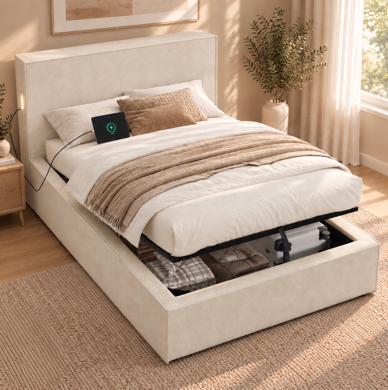 FloraGrace Gestoffeerd Bed 90x200 cm - Hydraulische Opbergruimte - Lattenbodem - Kinderkamer - Chenille - Beige - Zonder Matras