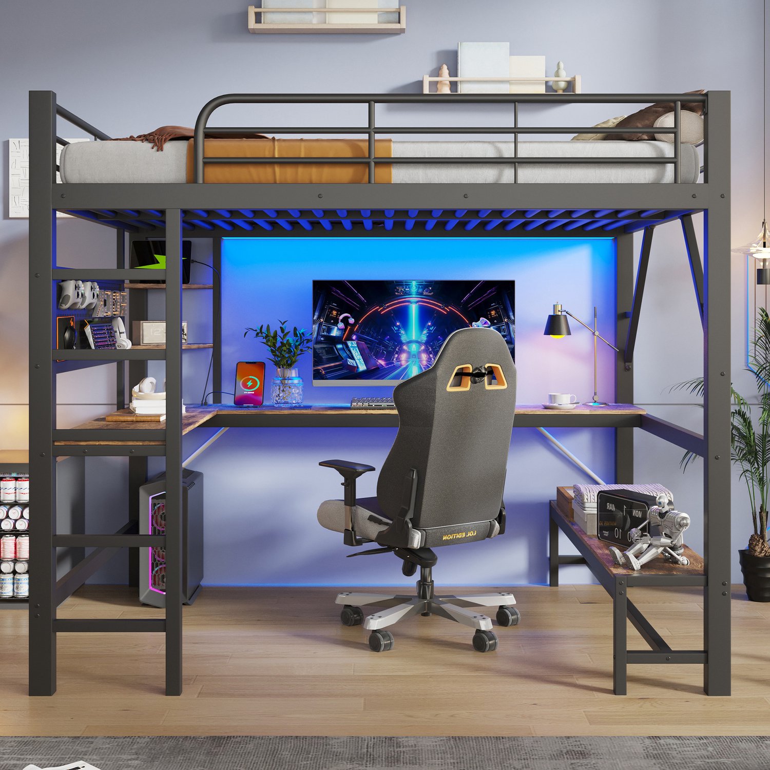 MIVRAY Hoogslaper 160 x 200 cm - Met Bureau, Ledverlichting en Oplaadpunt - Opbergrekken en Veiligheidshek - Metaal en MDF - Zwart - Zonder Matras
