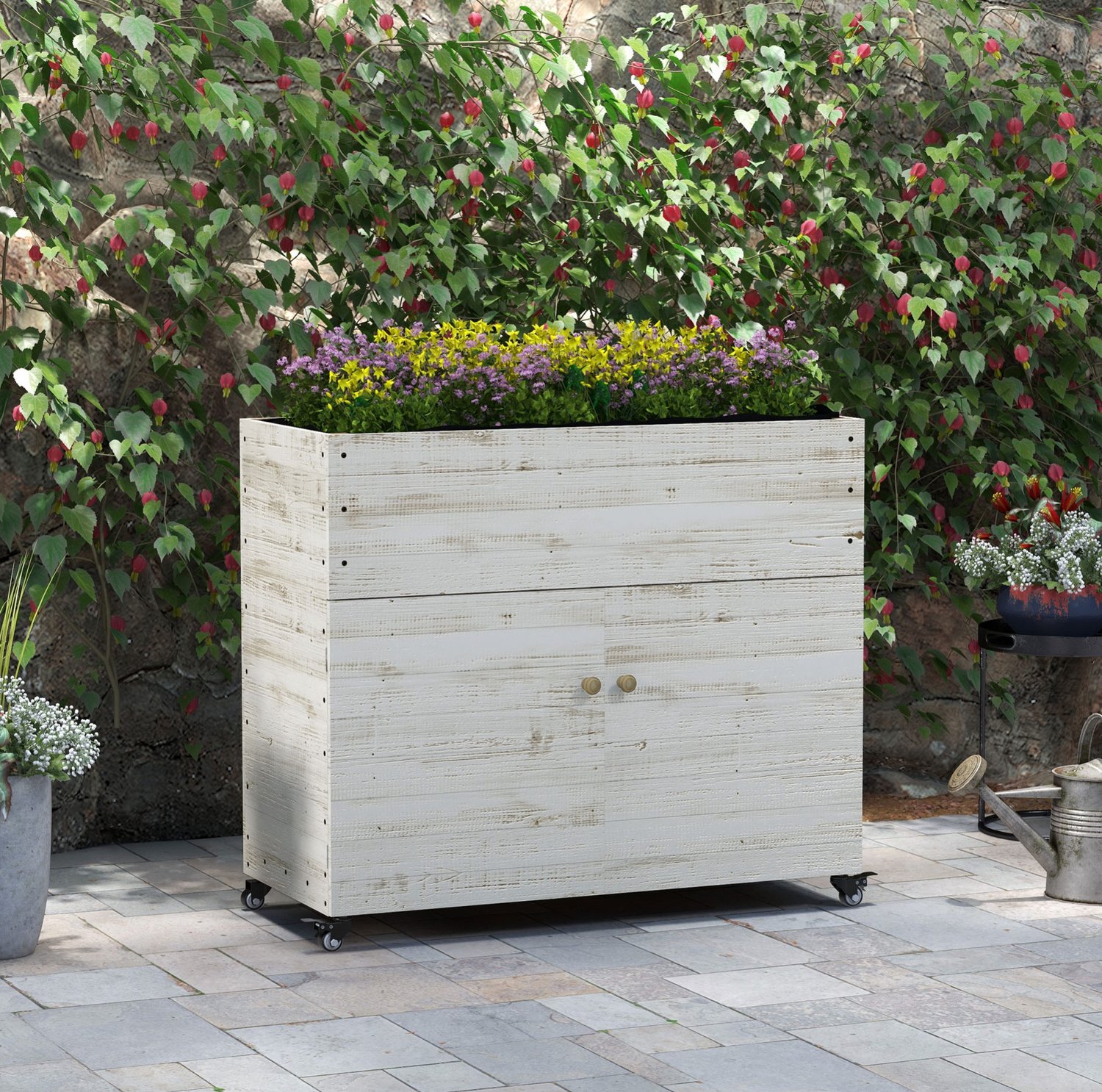 MIVRAY Moestuinbak – Met Opbergkast En Wielen – 110 x 50 x 95 cm – Hout – Wit – Voor Tuin En Balkon – Vliesvoering