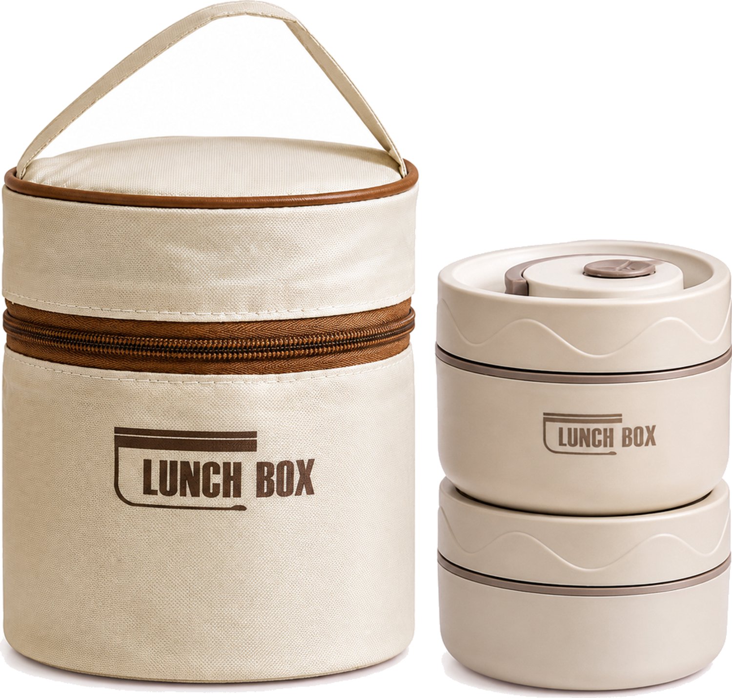 Crèmekleurige broodtrommelset met 2 ronde lunchboxen van 304 roestvrij staal met een inhoud van 420 ml en 550 ml en een draagtas