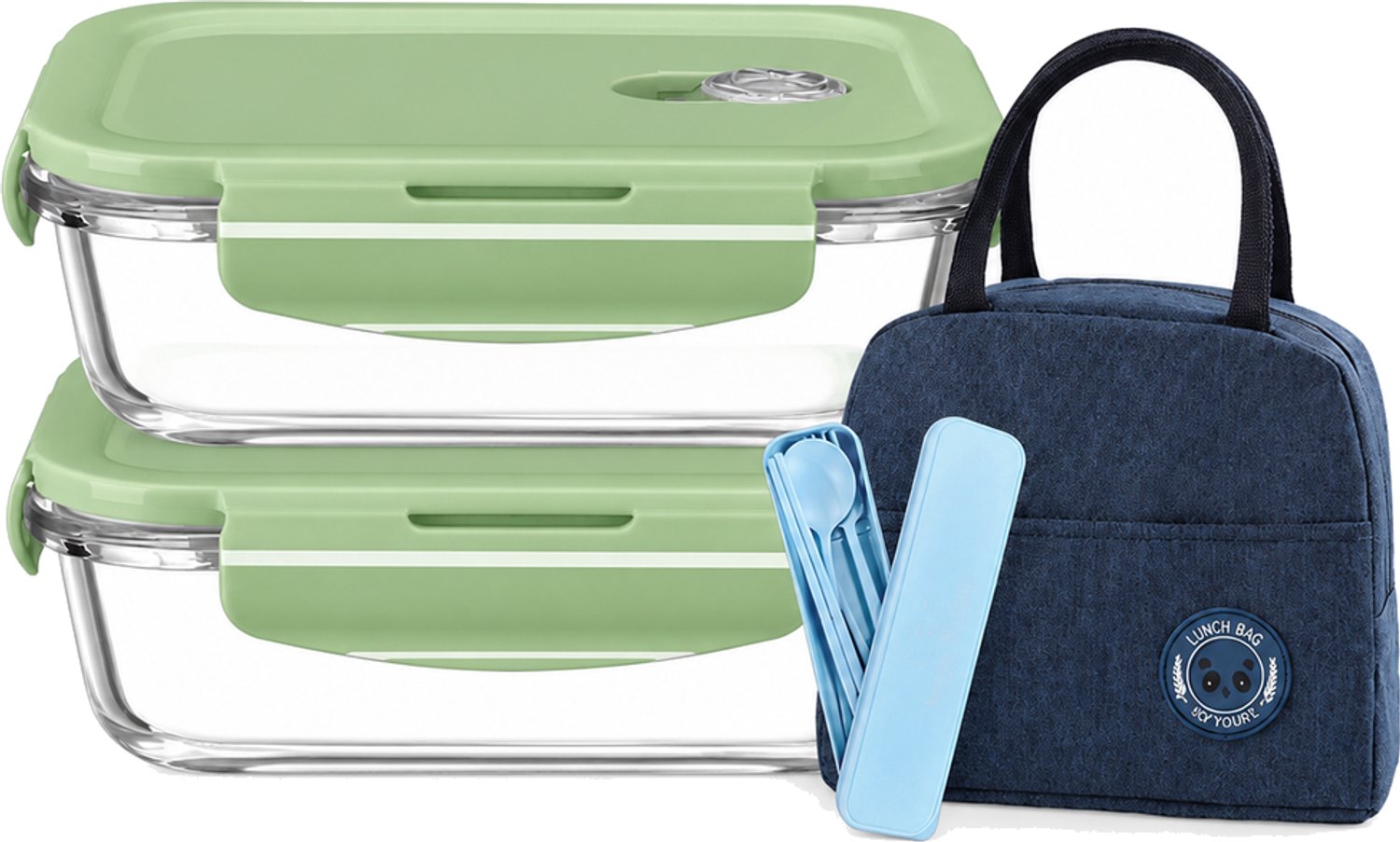 Broodtrommelset met 2 rechthoekige lunchboxen van hoog borosilicaatglas, elk 1040 ml, met bestek en lunchtas