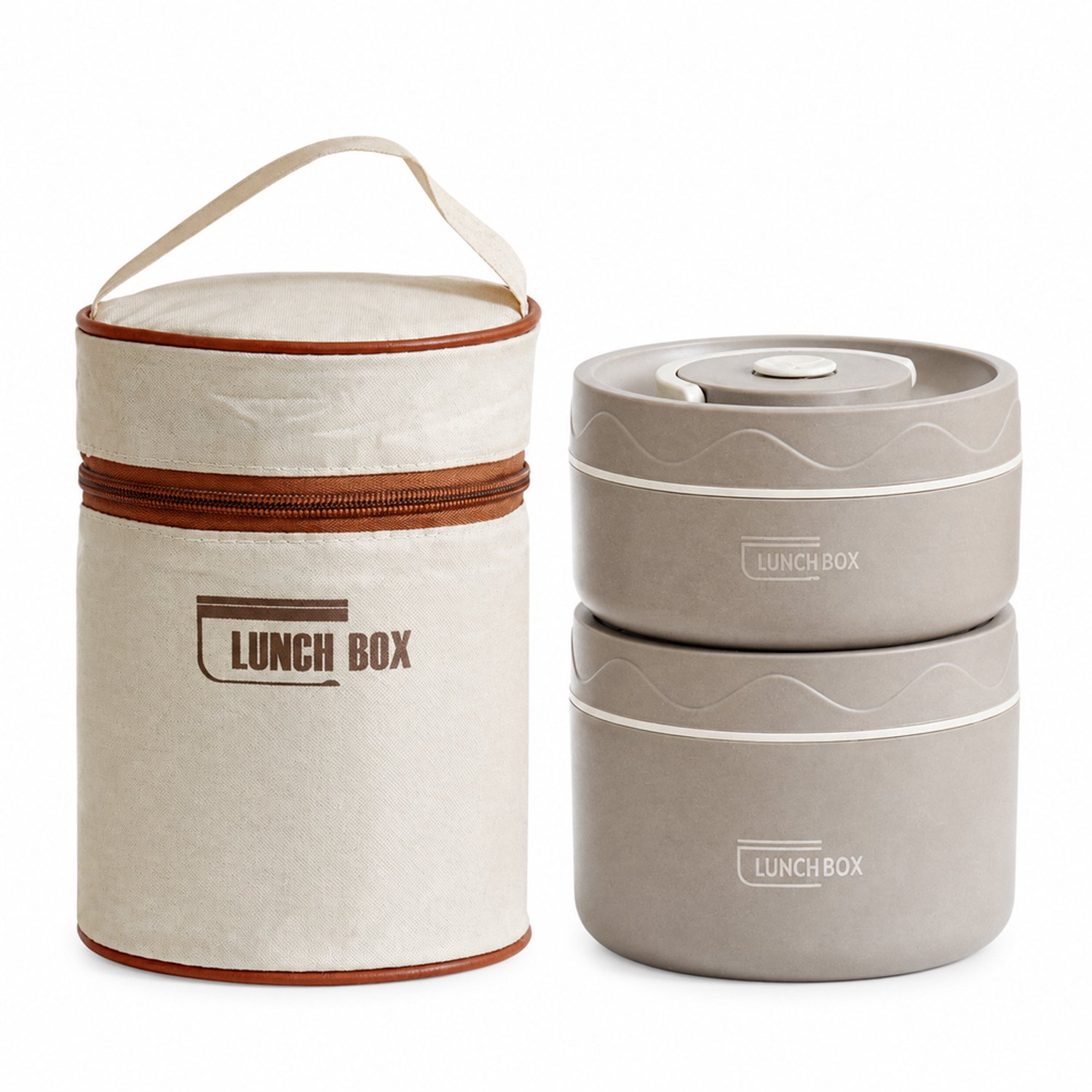 Broodtrommelset met twee ronde lunchboxen van 304 roestvrij staal, donkerbruin, 440 ml + 600 ml, met draagtas