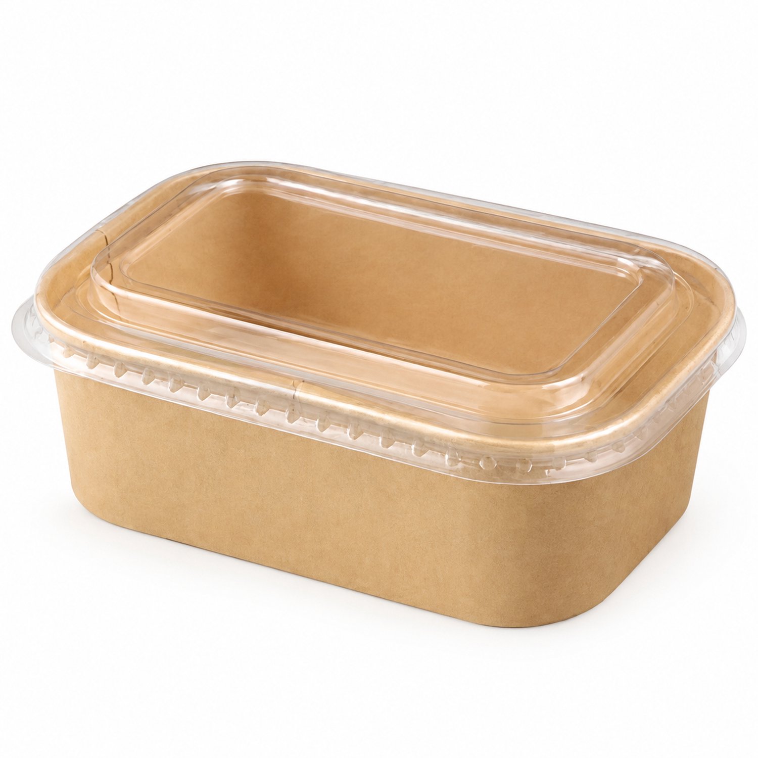Broodtrommel 750 ml van kraftpapier met transparant PET-deksel, rechthoekig model voor afhaalmaaltijden
