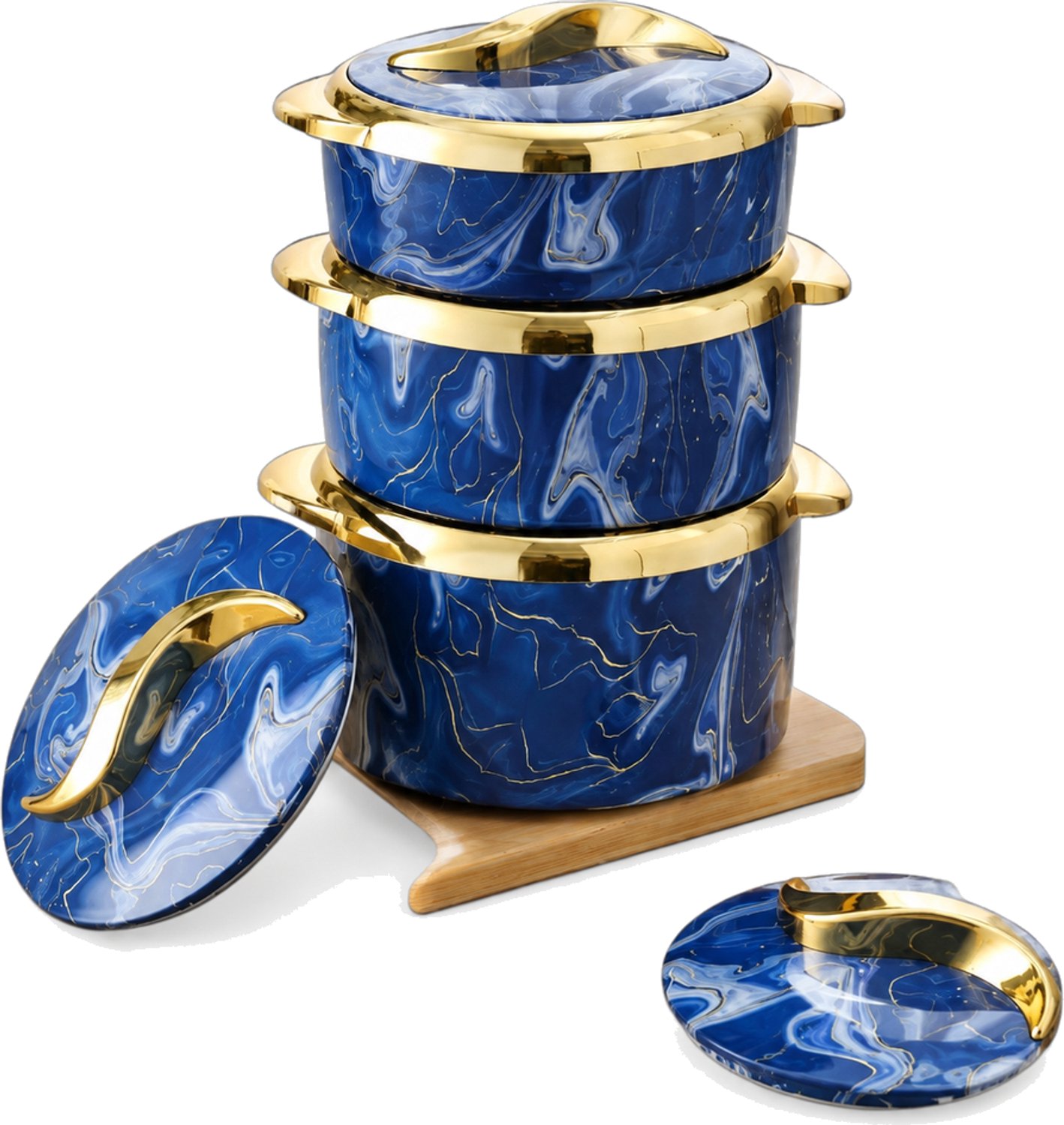 Set van 3 ronde maaltijdcontainers met deksels, 1,5 l, 2 l en 2,5 l, blauw met goudkleurige details