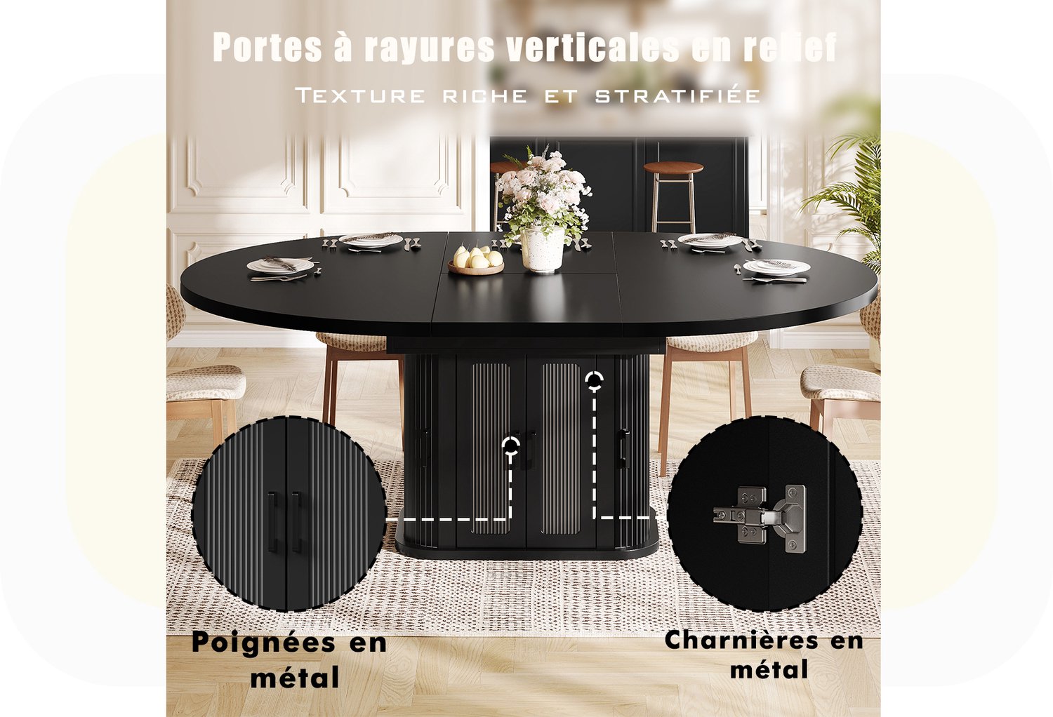 MIVRAY Eettafel - Uitschuifbaar Met Verborgen Opbergruimte - Voor 2 Tot 6 Personen - MDF En Metaal - 118 Tot 158 Bij 118 Bij 76 Cm - Zwart