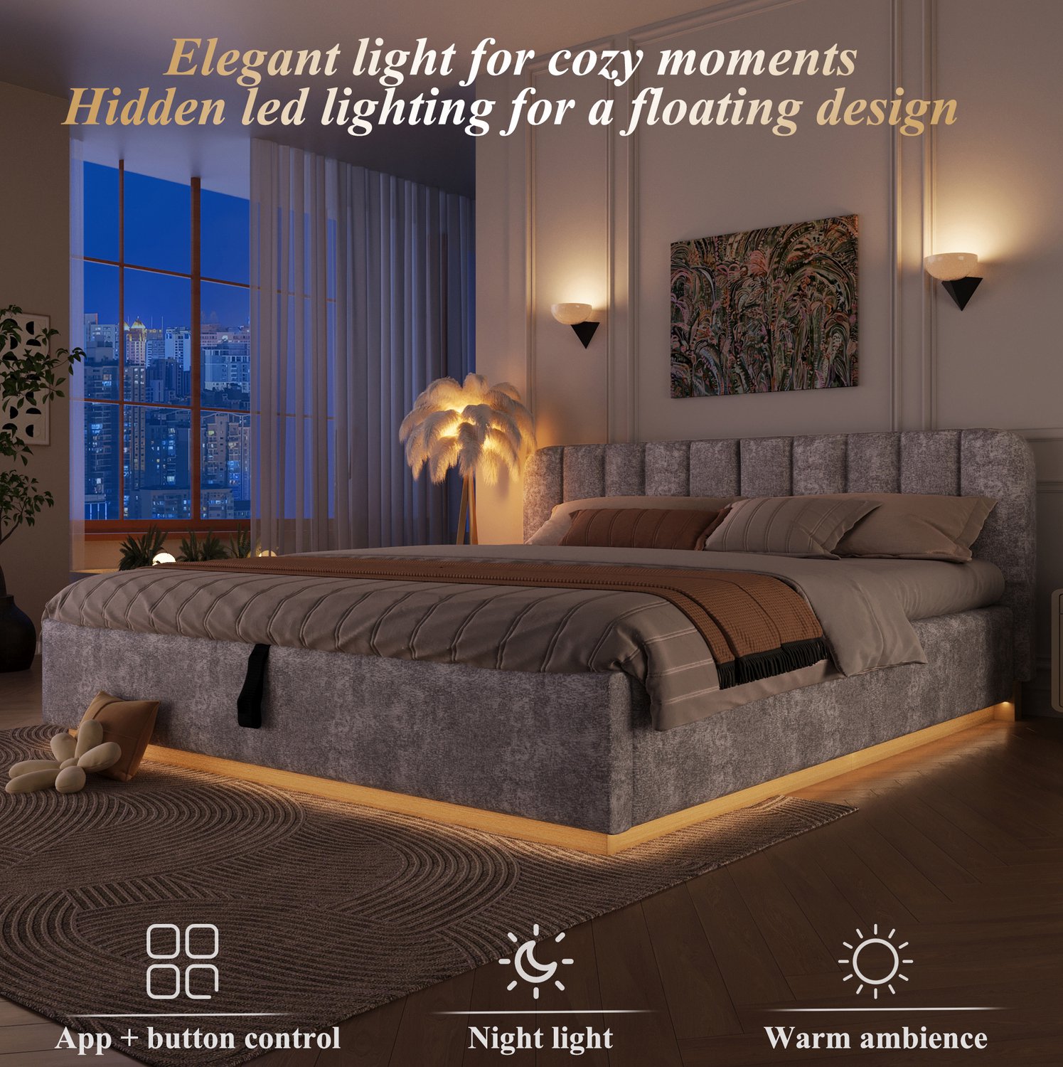 COVREO Bed met bedkast – 180x200 cm – Tweepersoonsbed met lattenbodem – Bedframe voor slaapkamer – Lichtgrijs - zonder matras