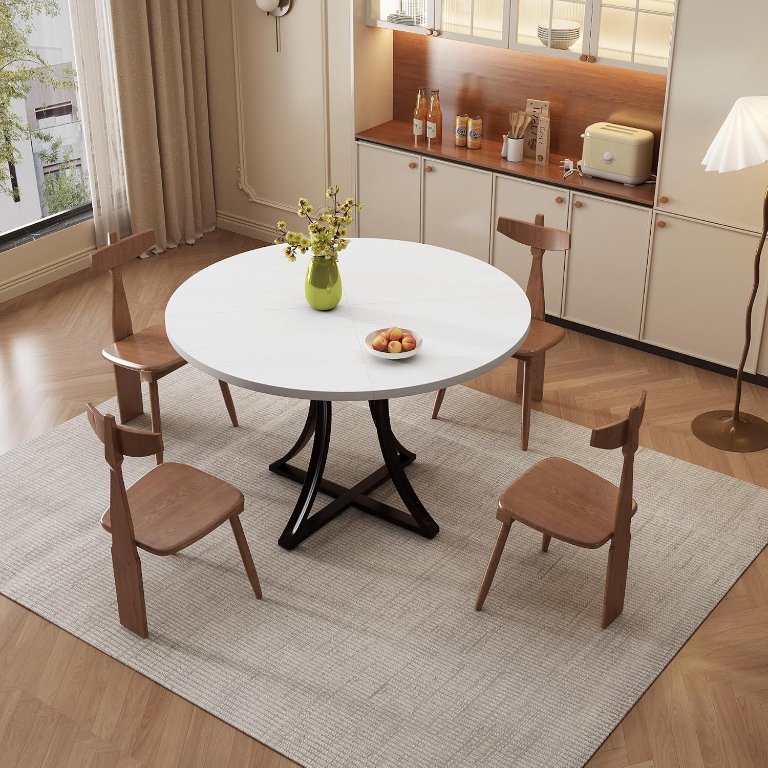 Ronde witte eettafel 100x100x74,5 cm - industrieel design - houtlook blad met metalen kruispoten - keukentafel voor 2 tot 4 personen