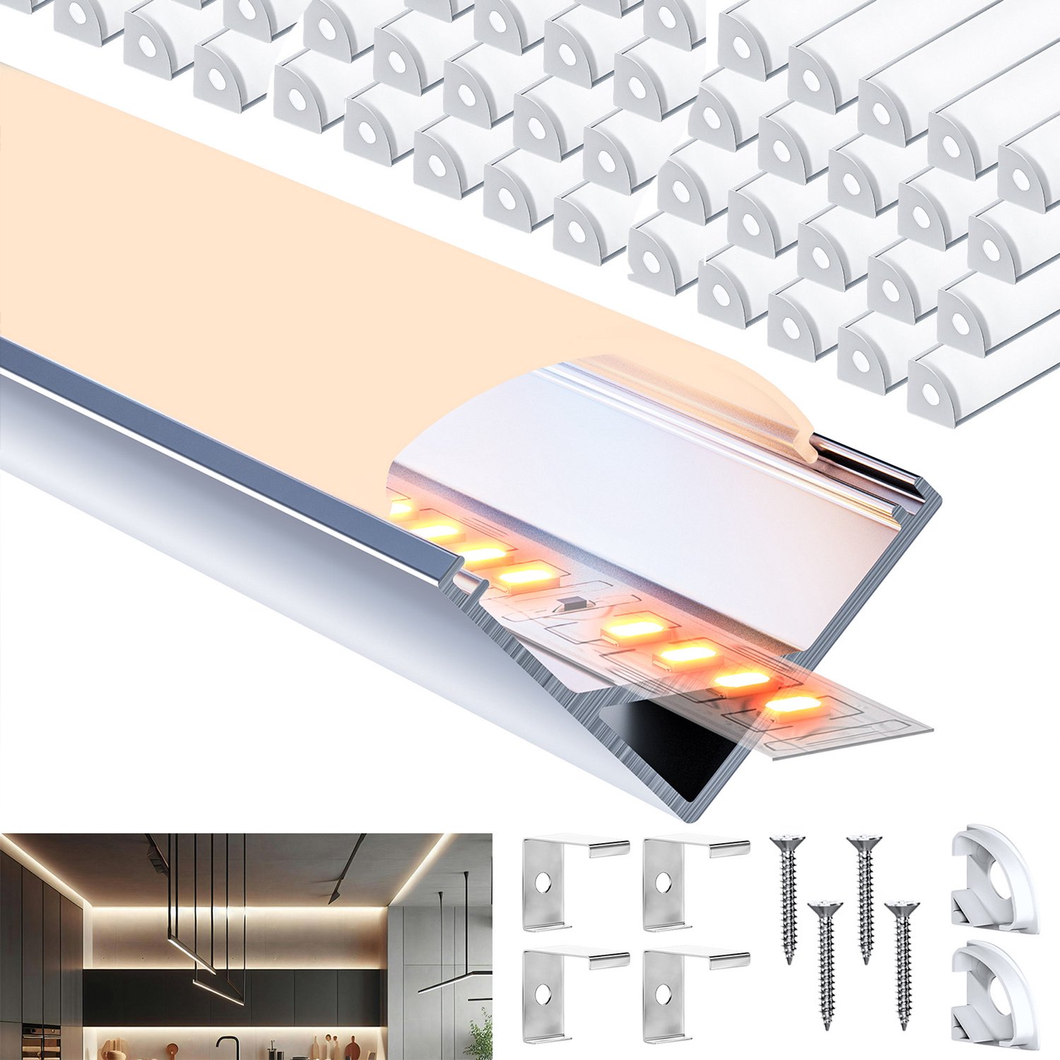 Riserva-LED Profiel-Natuurlijk Aluminium Profiel voor LED Strip-Met Acryl Diffuser-Bevestigingsaccessoires inbegrepen-2m 10 Stuks