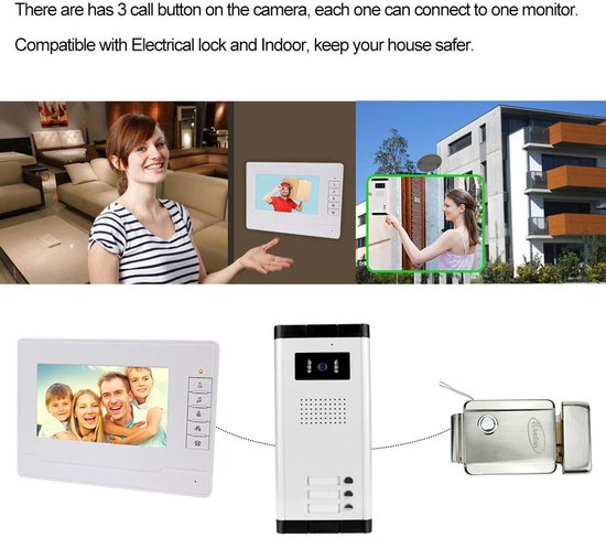 Video Deurbel Intercom Bekabeld - 7 Inch Monitor - 3 Appartementen - 1200 TVL Camera - Aluminium - Voor Villa's En Kantoren — afbeelding 5