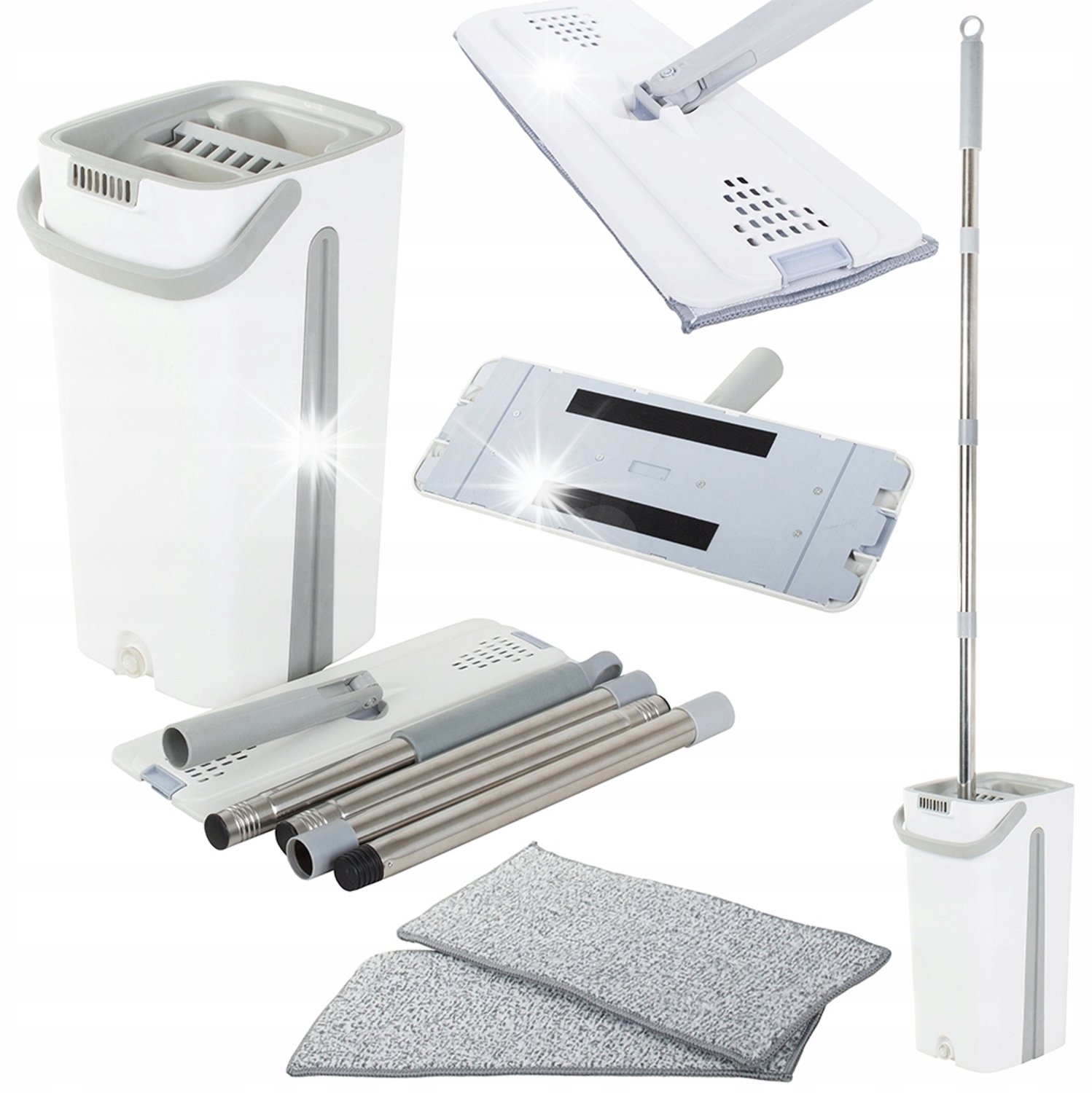 Vlakke Mop met Dubbelkamer Emmer en Wringer - Incl. 2 Microvezel Pads