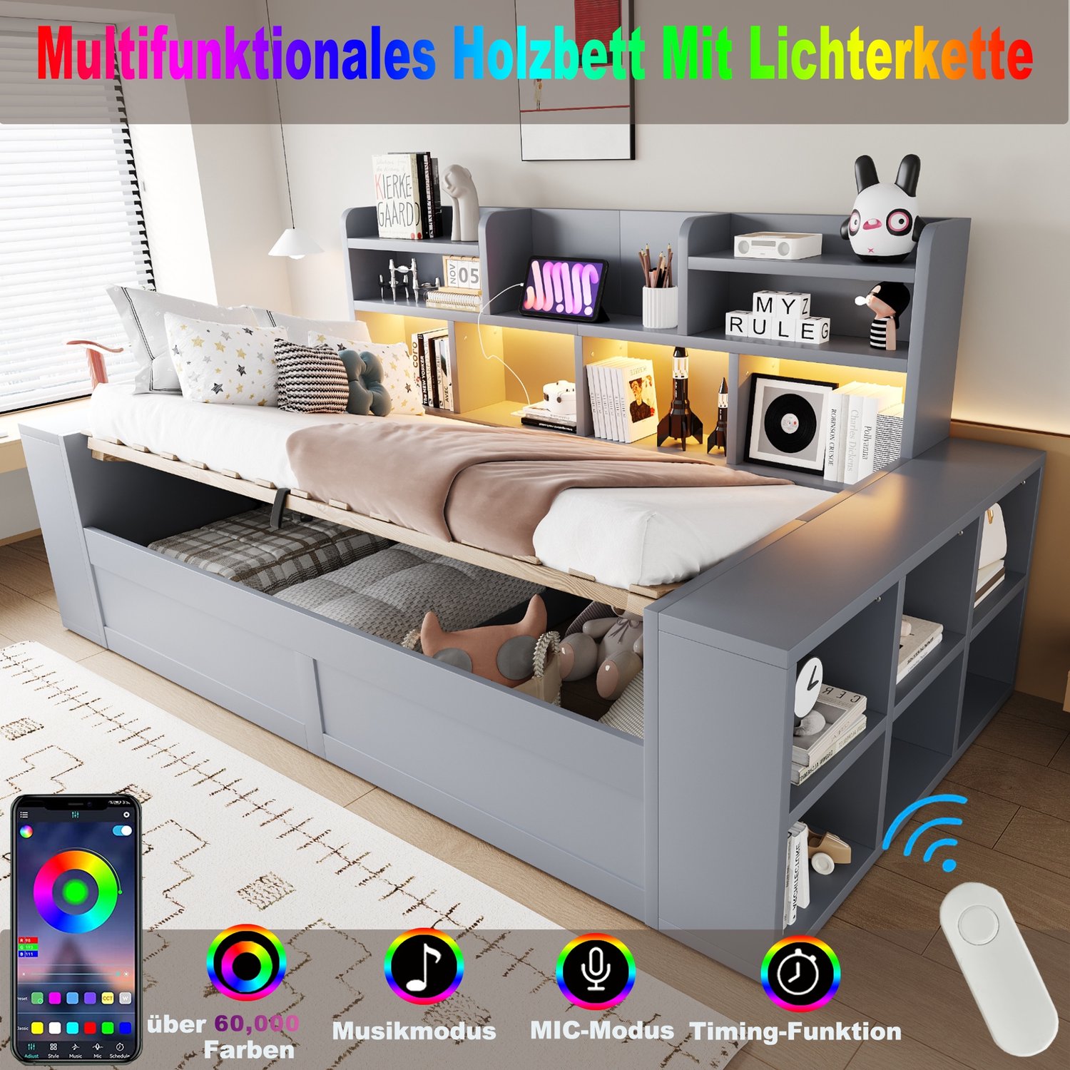 Sweiko Kinderbed - Houten slaapbank - 90 x 200 cm - Met opbergruimte - Oplaadaansluiting - LED-verlichting - Grijs