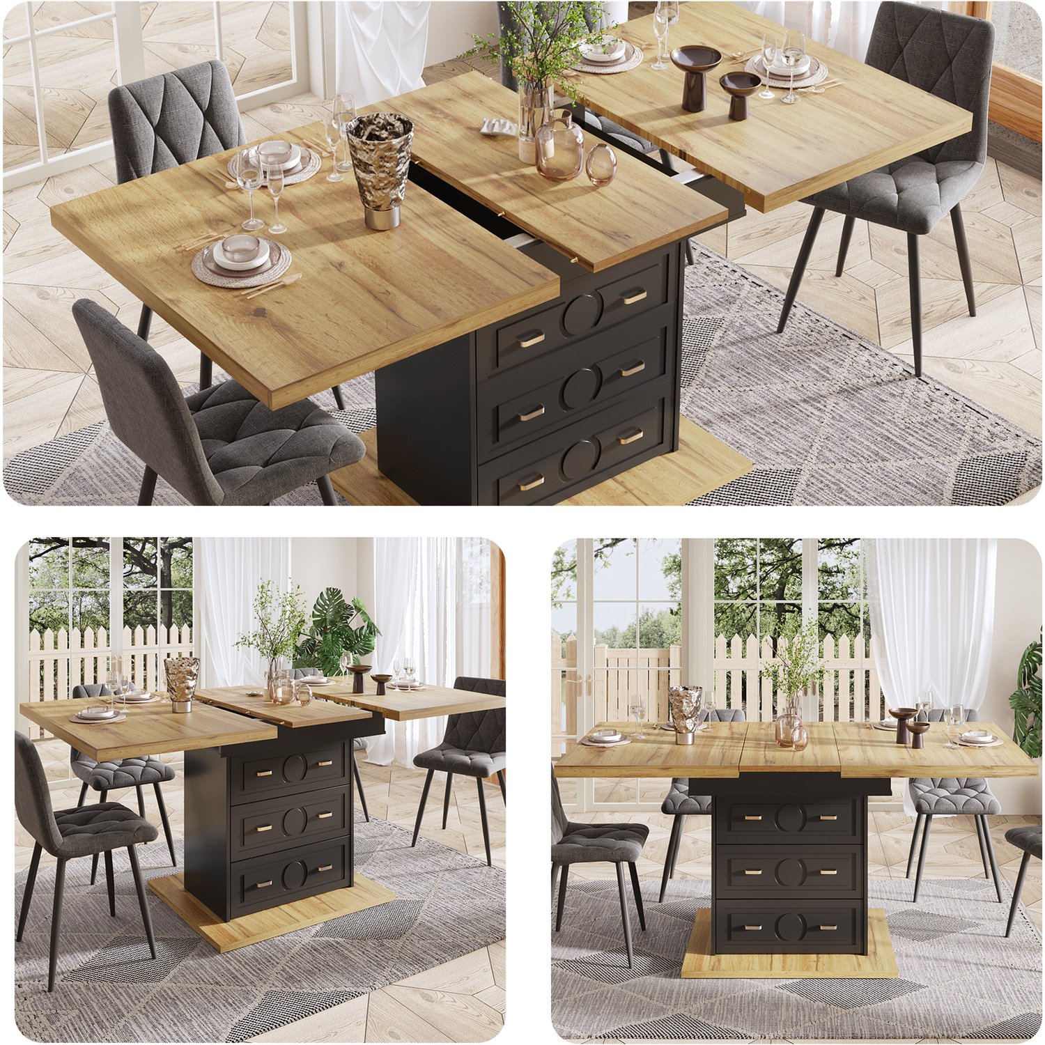 Clruro Eettafel - 110-140 x 80 x 75 cm - Uitschuifbaar - 2 Lades - MDF/Metaal - Houtlook Natuurlijk Hout