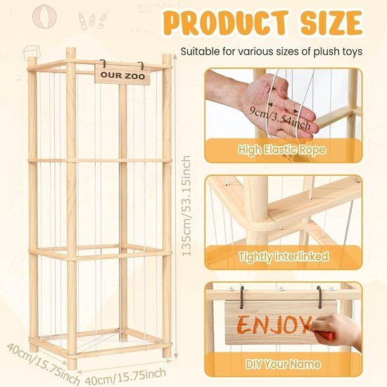 3-Laags Houten Knuffelopberger - Knuffel Dierentuin Opbergrek met Elastische Touwen - Speelgoed Organizer Kinderkamer - Natuurlijk Hout — afbeelding 5