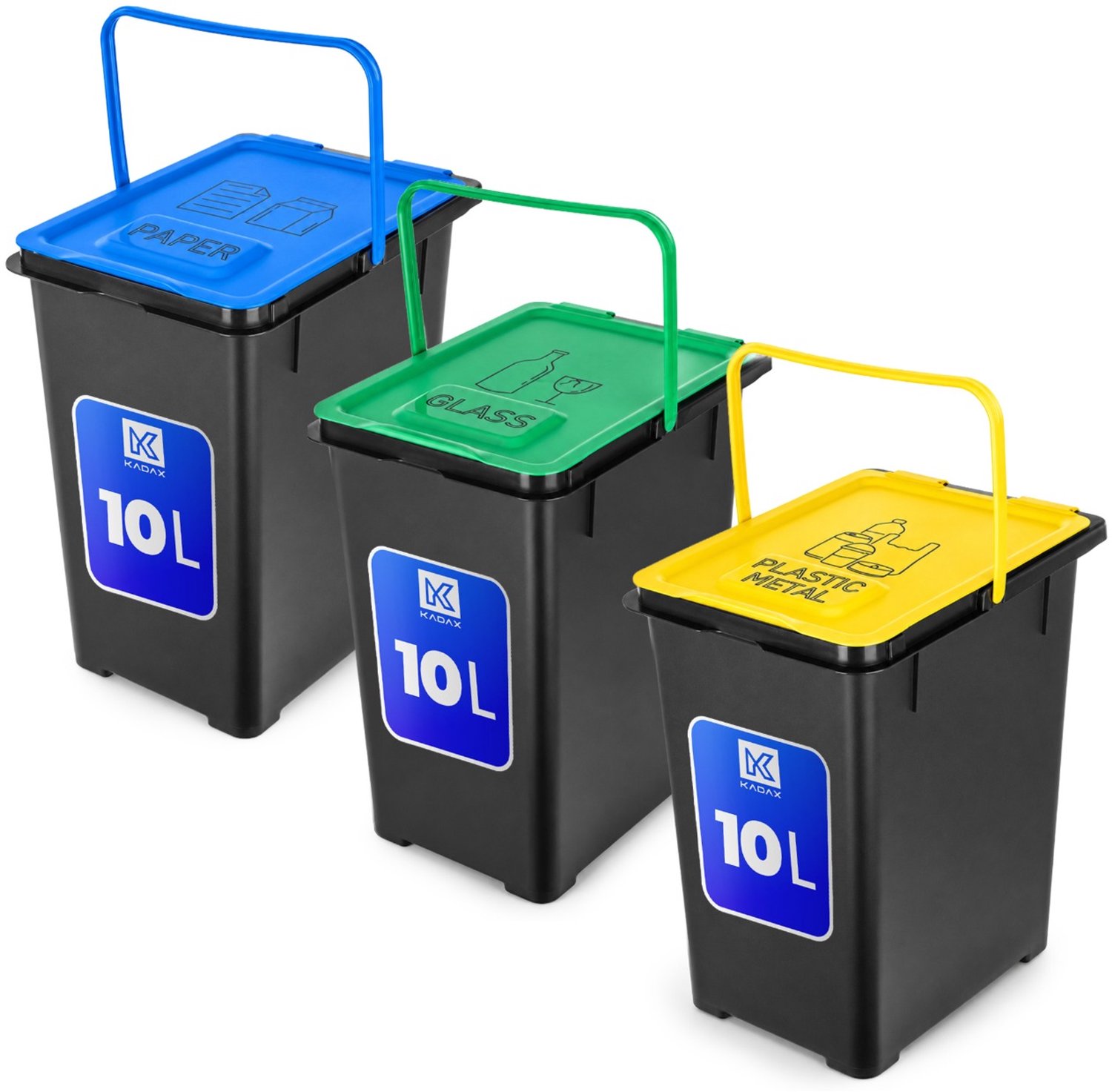 KADAX afvalscheidingssysteem, set van 3, 3 x 10 l vuilnisbakken met deksel en draaggreep. Afvalbakken voor afvalscheiding van papier, glas, kunststof en metaal, recyclingbakken (groen/blauw/geel, met opdruk)