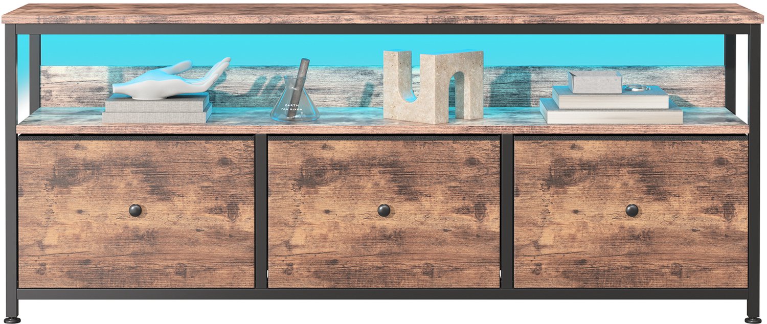 Yelenaro TV Meubel, Vintage TV Kast met LED Verlichting, metalen frame, 3 Stoffen Lades, Industrieel Dressoir, opbergkast, 137x30x57cm, Bruin