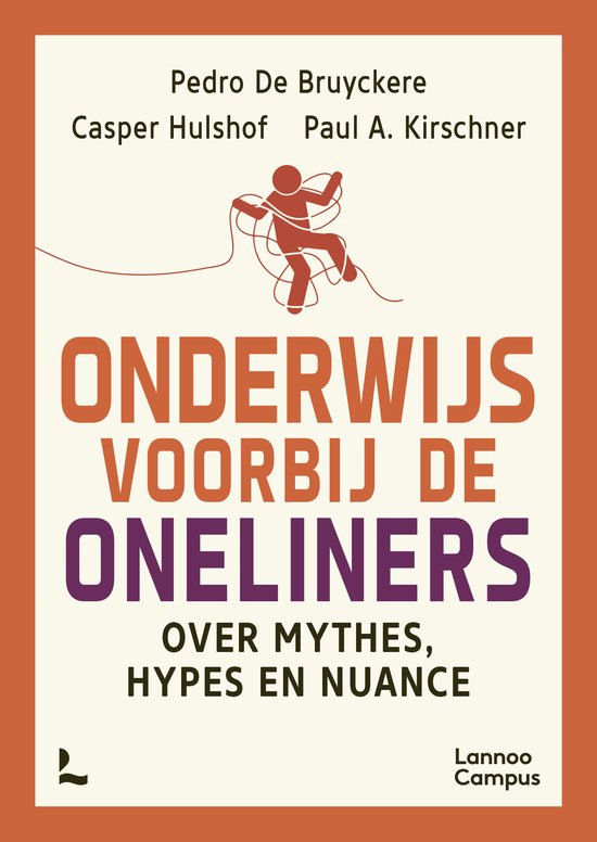Livre 'Onderwijs voorbij de oneliners' avec une illustration rouge d'une personne dans une corde. Titre en orange et violet.