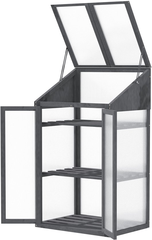 Grijze houten minikas met de deuren en het dak open, toont de drie etages en de constructie.